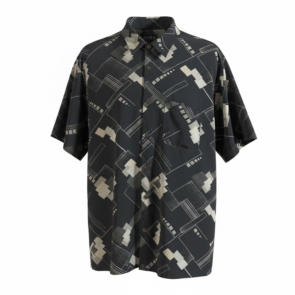 Brandini Mens XXL Pure Silk Short Sleeve Geometric Abstract Button Down Shirt